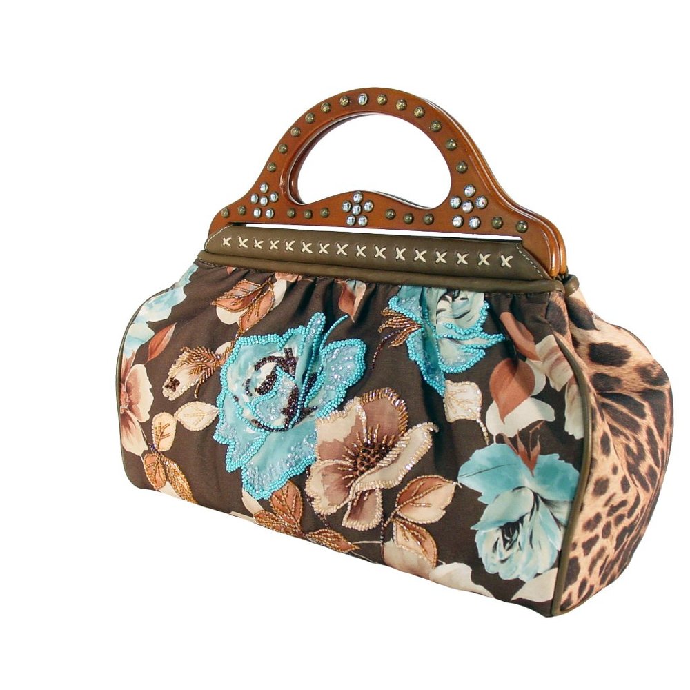 ISABELLA FIORE Beaded Floral Studded Crystals Wooden Handle Satchel Handbag - Picture 4 of 12